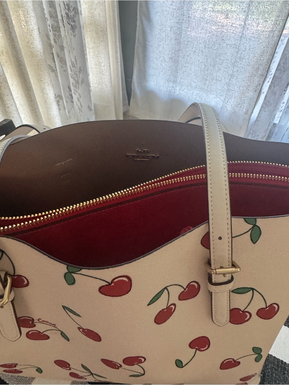 White Cherry Print Tote Bag with Red Accents - Picture 4 of 5